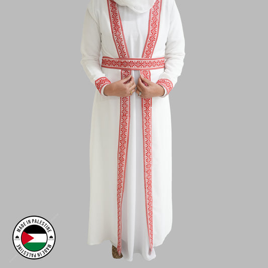 Palestinian Open Tatreez Abaya (White and Red)