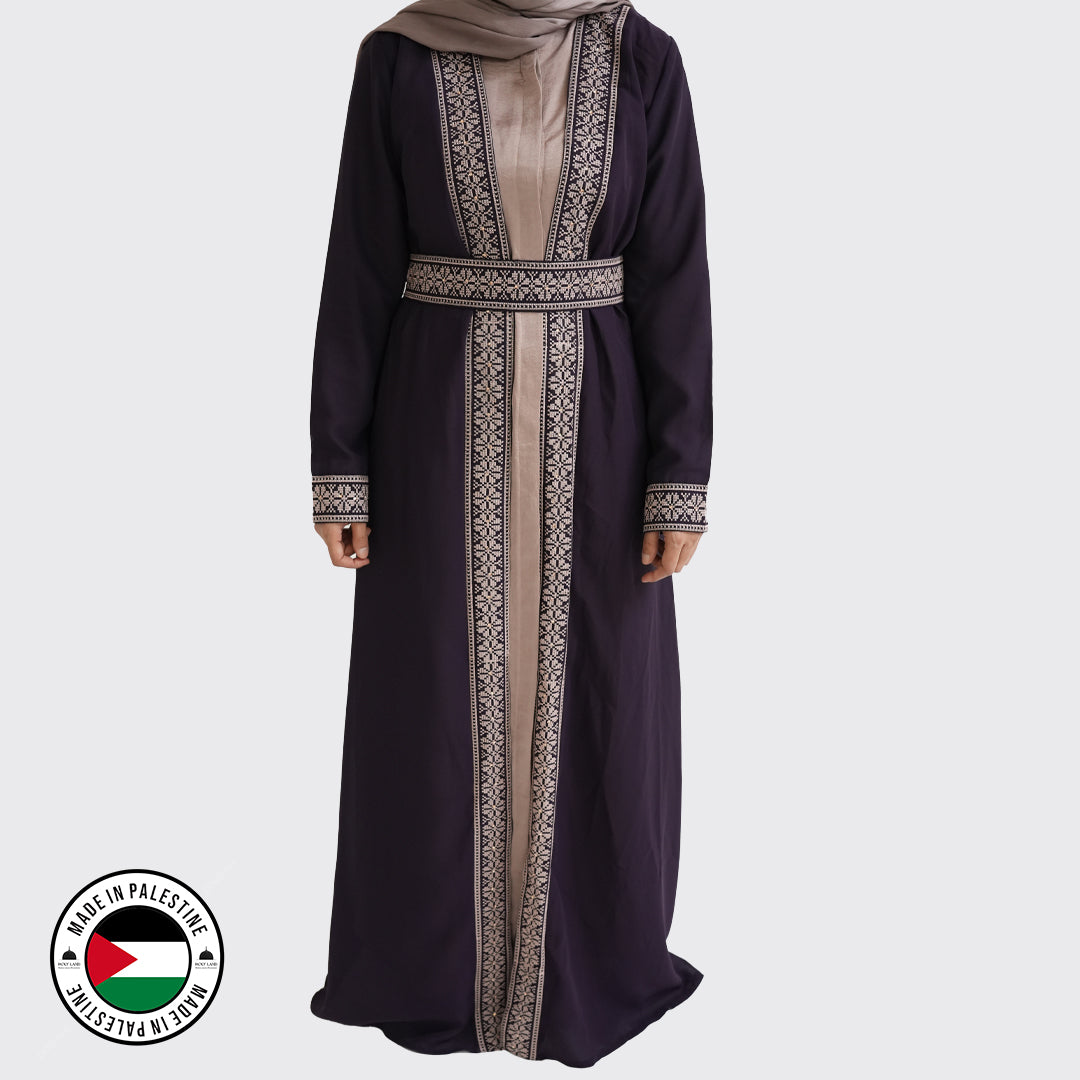 Palestinian Open Tatreez Abaya (Purple and Gold)