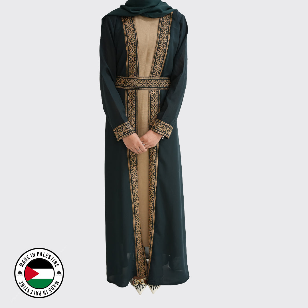 Palestinian Open Tatreez Abaya (Green and Gold)