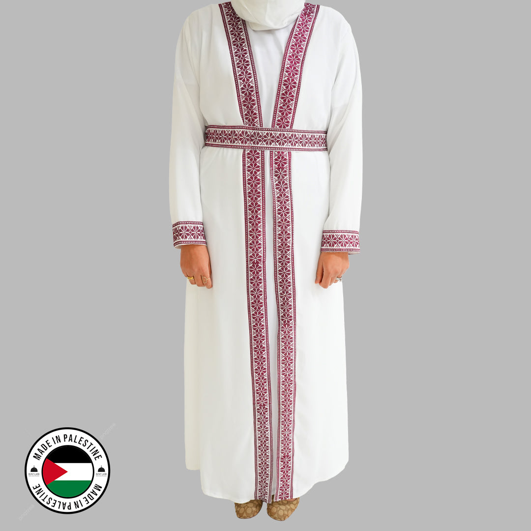 Palestinian Open Tatreez Abaya (White and Purple)