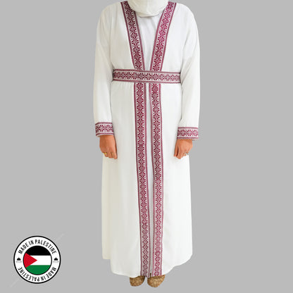 Palestinian Open Tatreez Abaya (White and Purple)