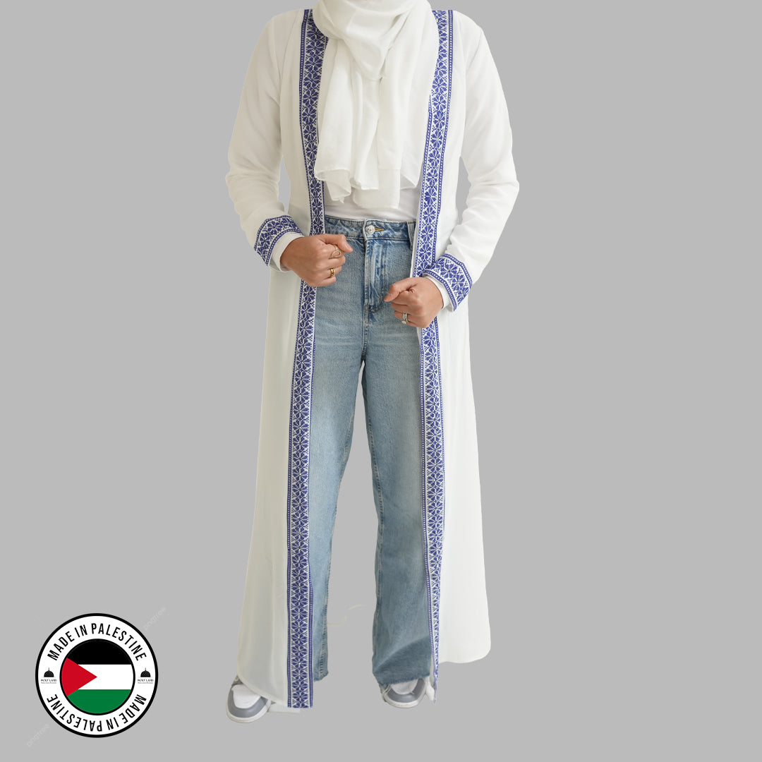 Palestinian Open Tatreez Abaya (White and Blue)