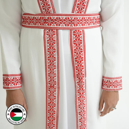 Palestinian Open Tatreez Abaya (White and Red)