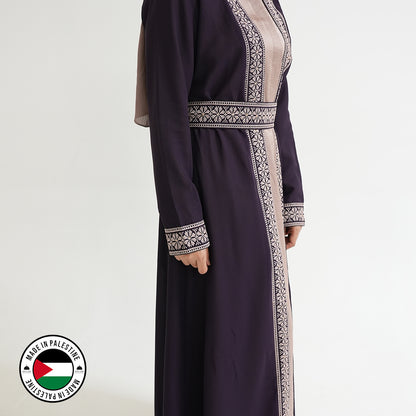 Palestinian Open Tatreez Abaya (Purple and Gold)