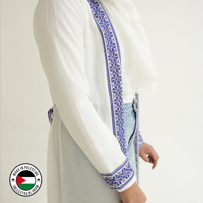 Palestinian Open Tatreez Abaya (White and Blue)