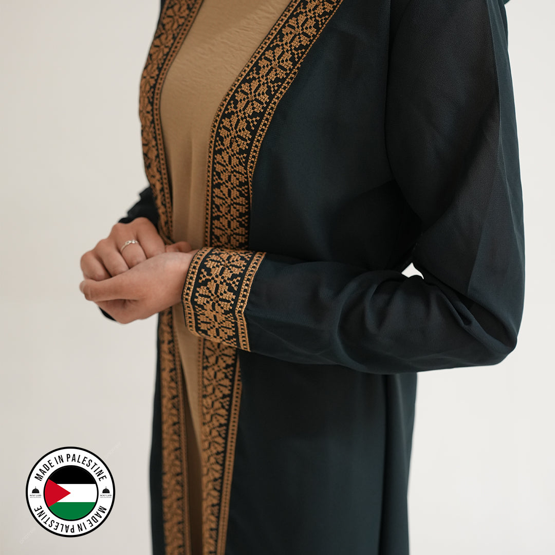 Palestinian Open Tatreez Abaya (Green and Gold)