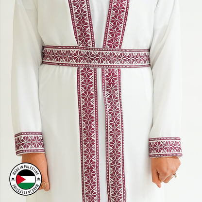 Palestinian Open Tatreez Abaya (White and Purple)