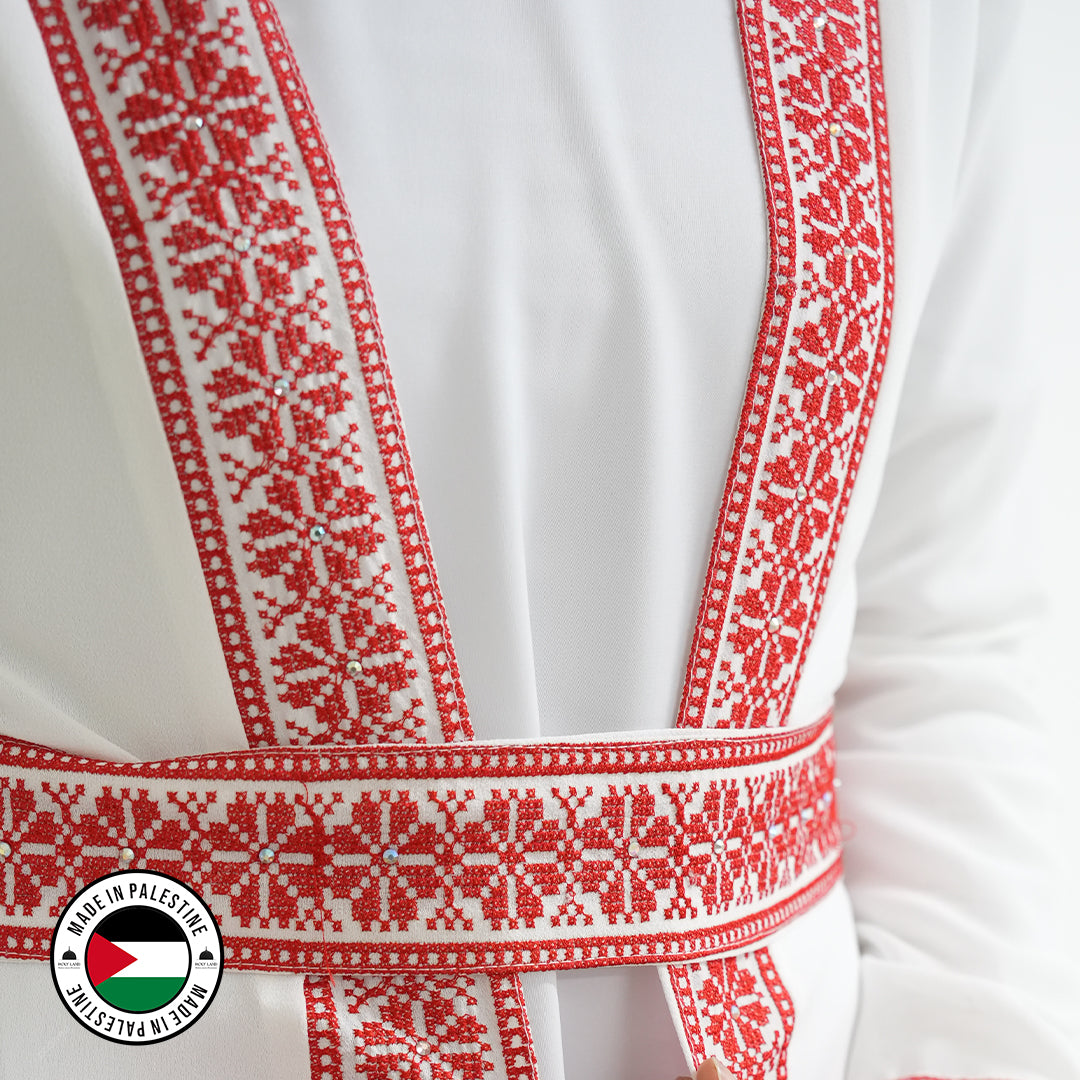 Palestinian Open Tatreez Abaya (White and Red)