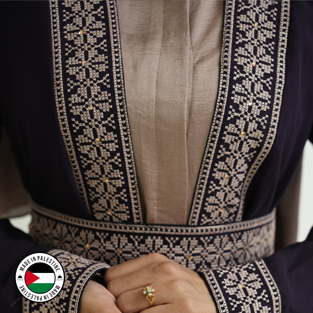 Palestinian Open Tatreez Abaya (Purple and Gold)