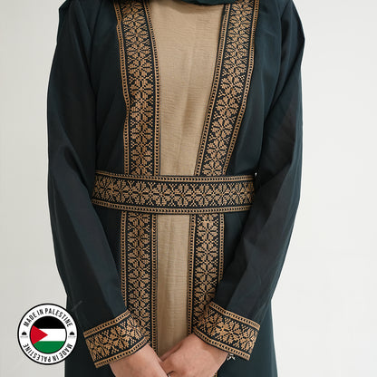 Palestinian Open Tatreez Abaya (Green and Gold)