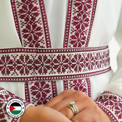 Palestinian Open Tatreez Abaya (White and Purple)