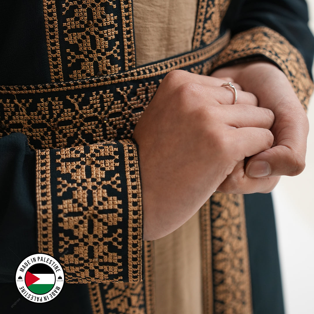 Palestinian Open Tatreez Abaya (Green and Gold)