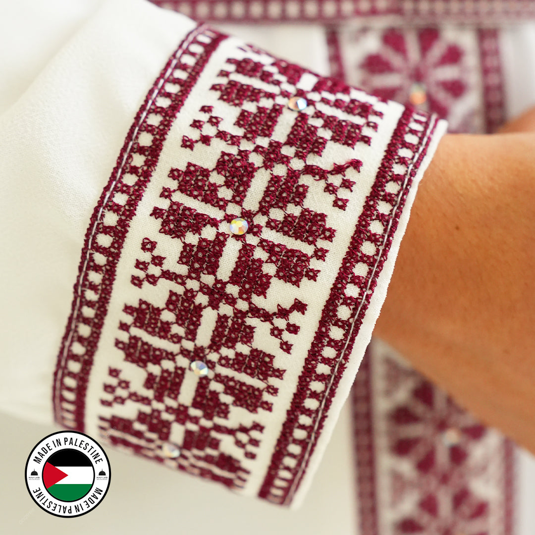 Palestinian Open Tatreez Abaya (White and Purple)