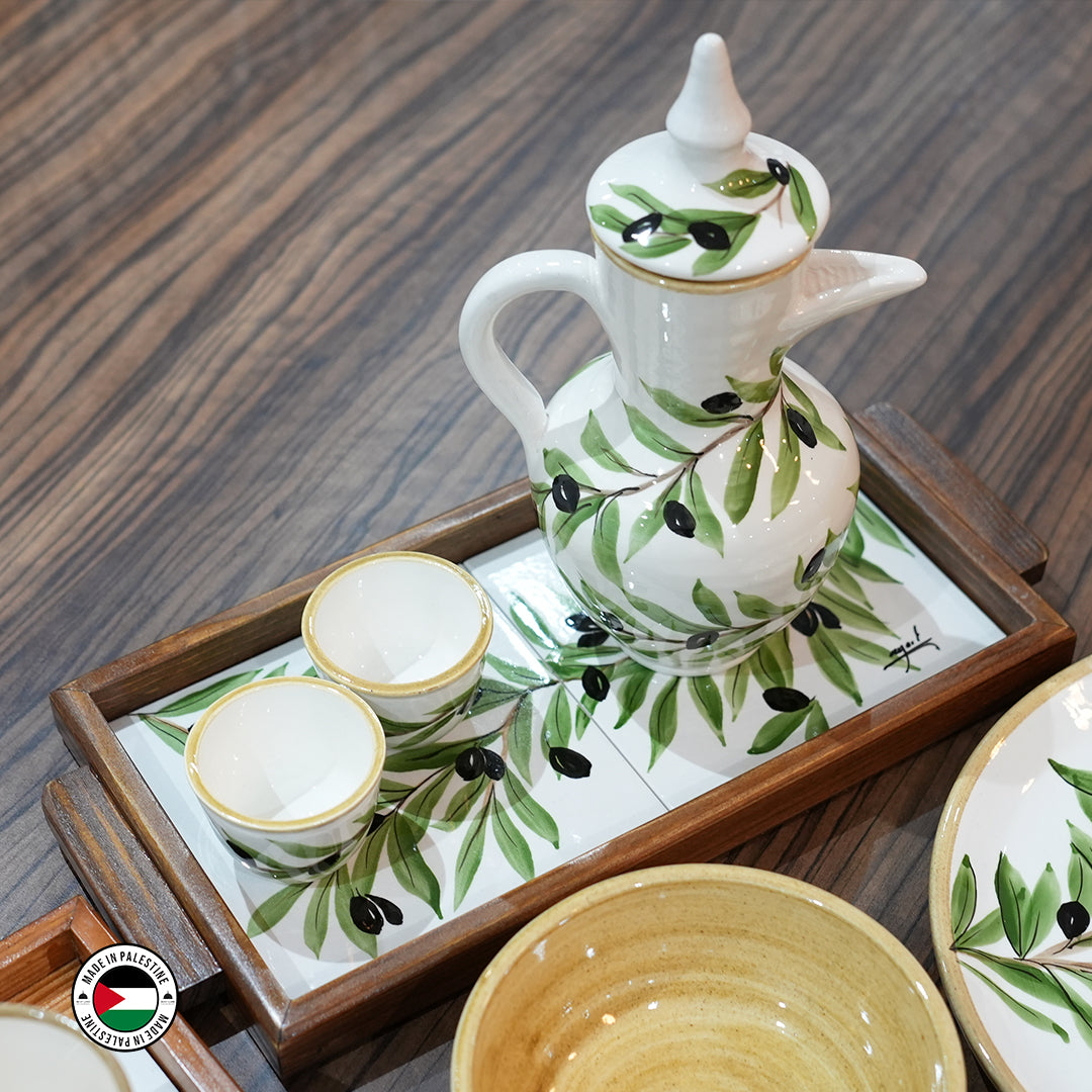 Olive Tree Coffee Pot, Coffee Cups & Tray Set